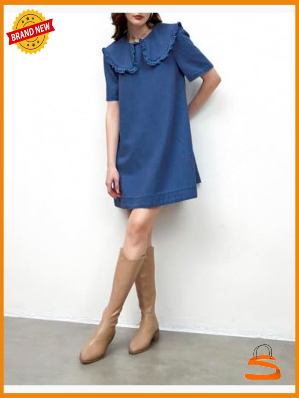 Peter Pan Collar Denim Mini Dress with Pockets Casual Summer - Picture 7 of 7
